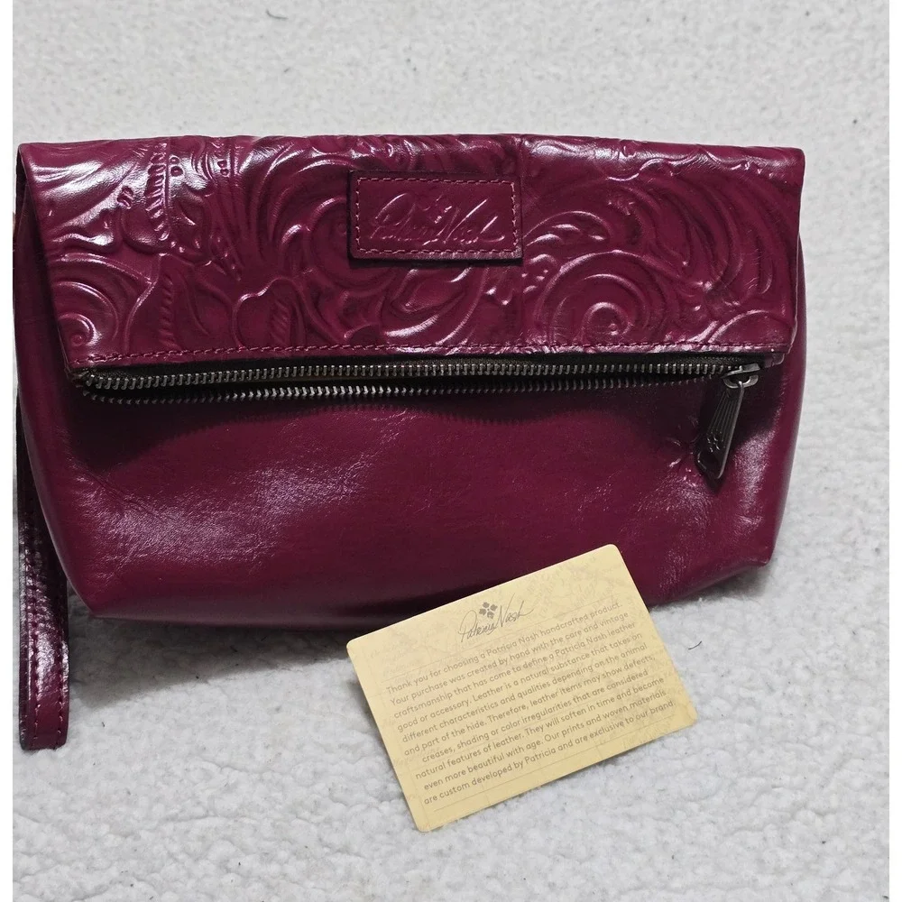 Patricia Nash Valerie Fold-over Wristlet Plum Purple Floral Embossed Leather Bag